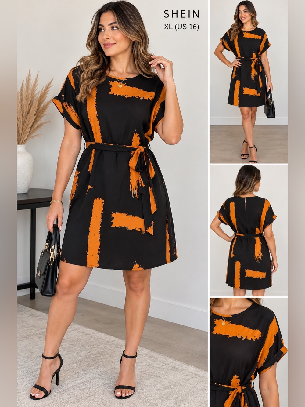 SHEIN XL Black Orange Abstract Print Belted Short Sleeve Dress